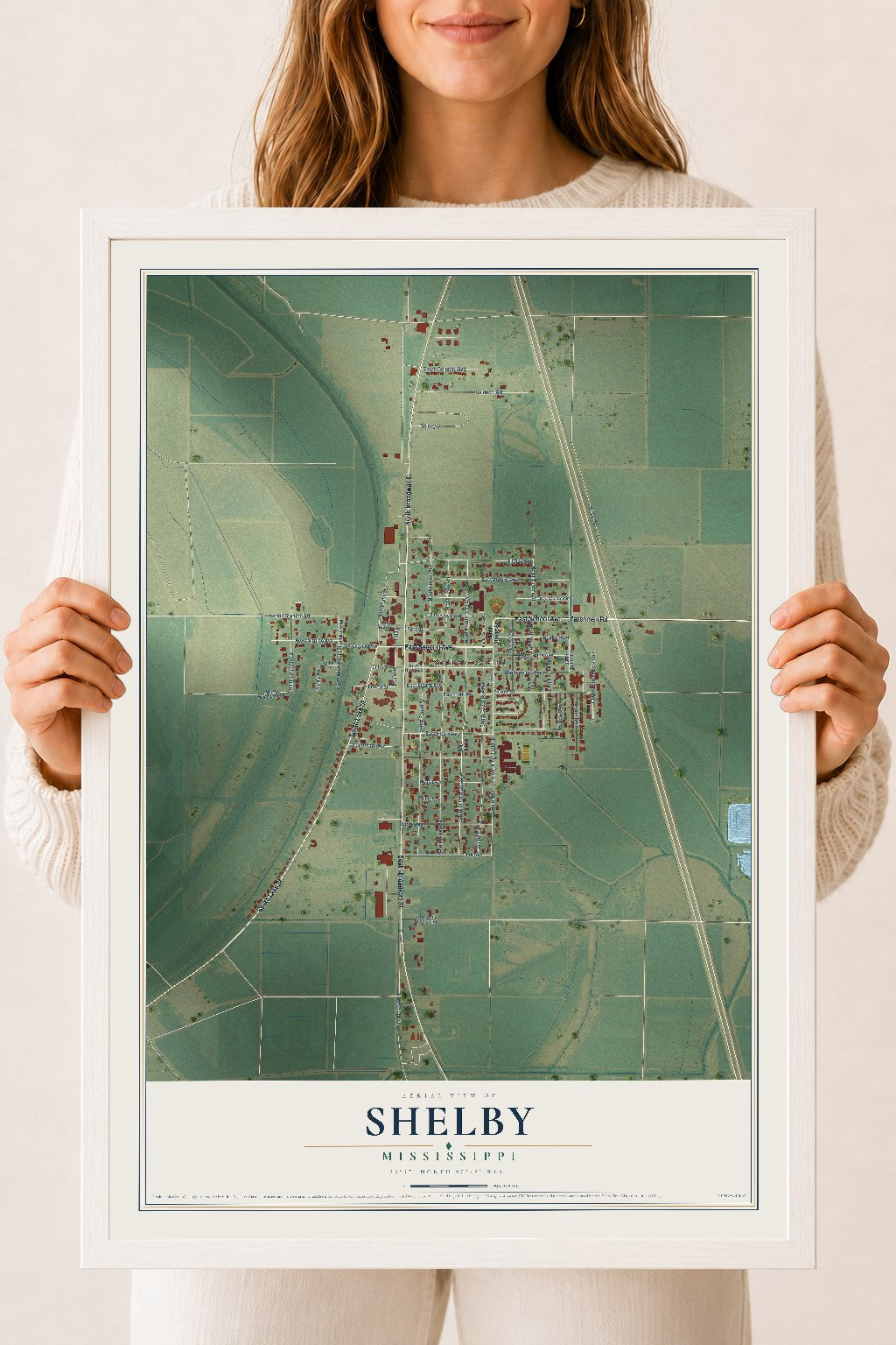 Map of Shelby, Mississippi, 18 x 24 inch print in a white wood frame