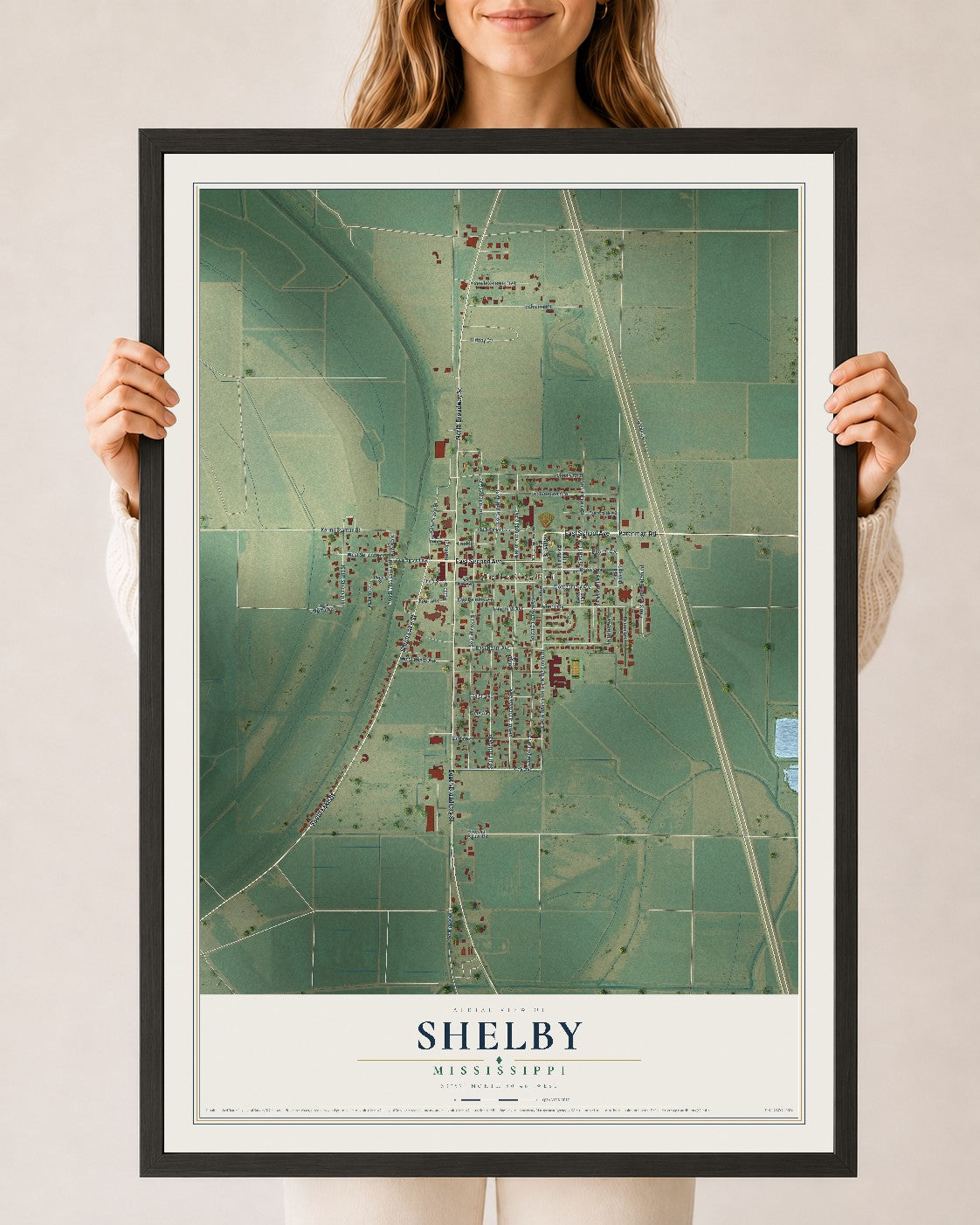 Map of Shelby, Mississippi, 24 x 36 inch print in a black wood frame