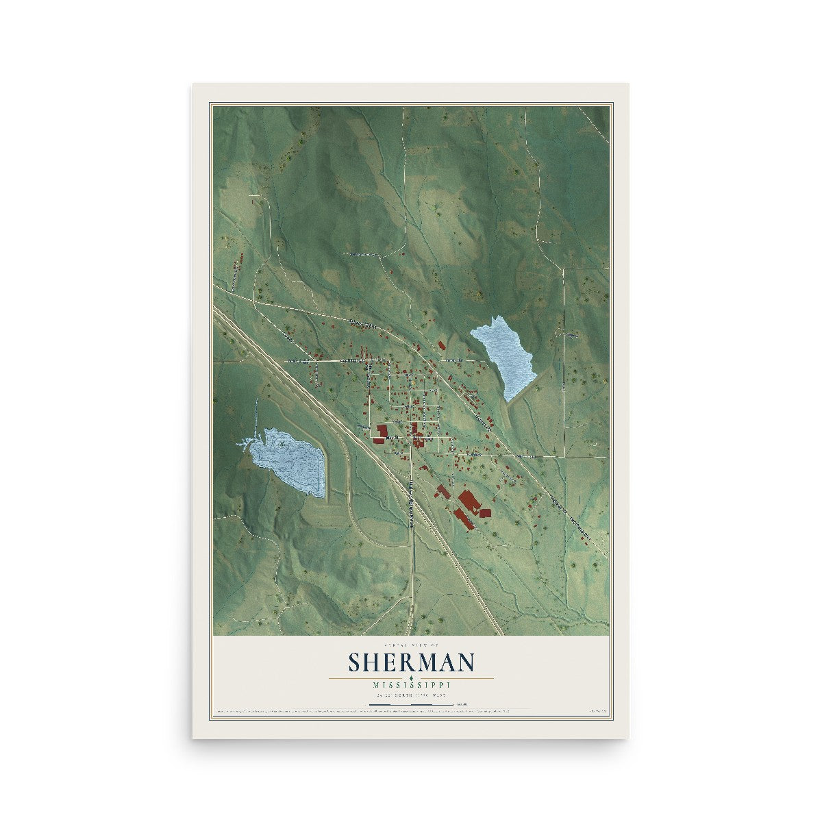 Map of Sherman, Mississippi, 12 x 18 inch unframed archival matte print