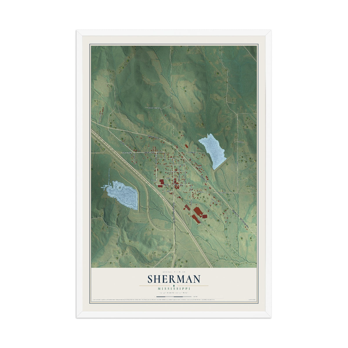 Map of Sherman, Mississippi, 12 x 18 inch print in a white wood frame