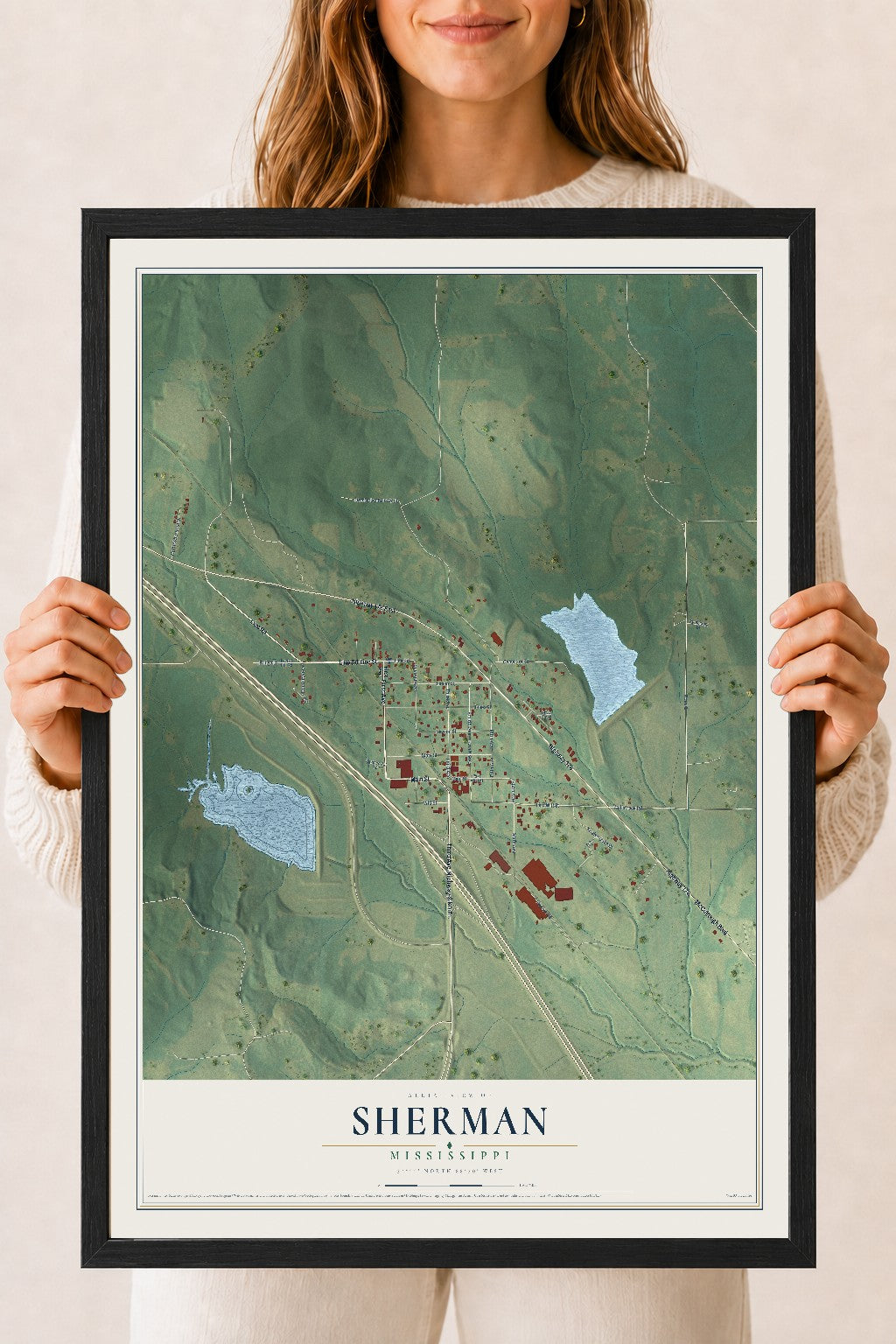 Map of Sherman, Mississippi, 18 x 24 inch print in a black wood frame