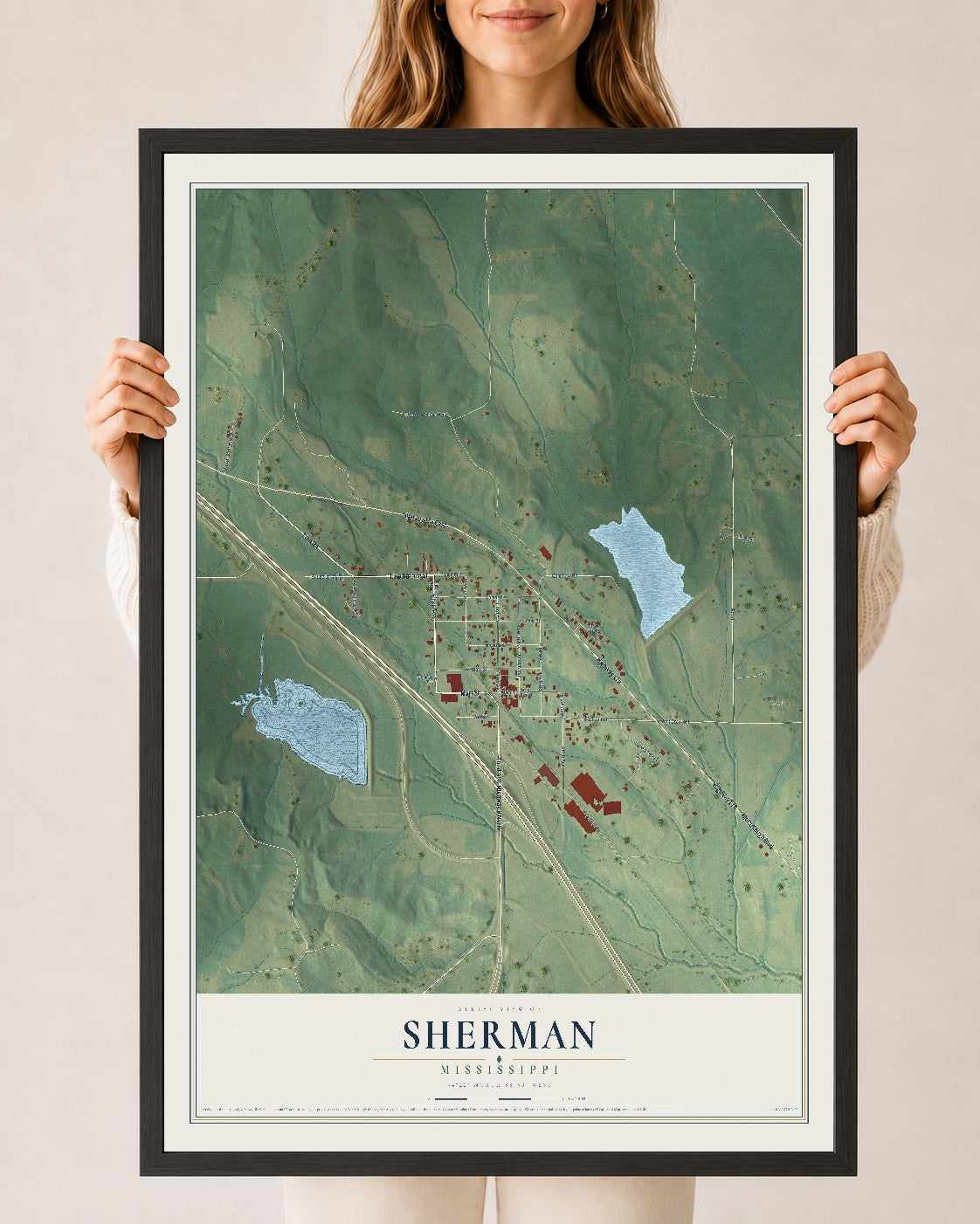 Map of Sherman, Mississippi, 24 x 36 inch print in a black wood frame
