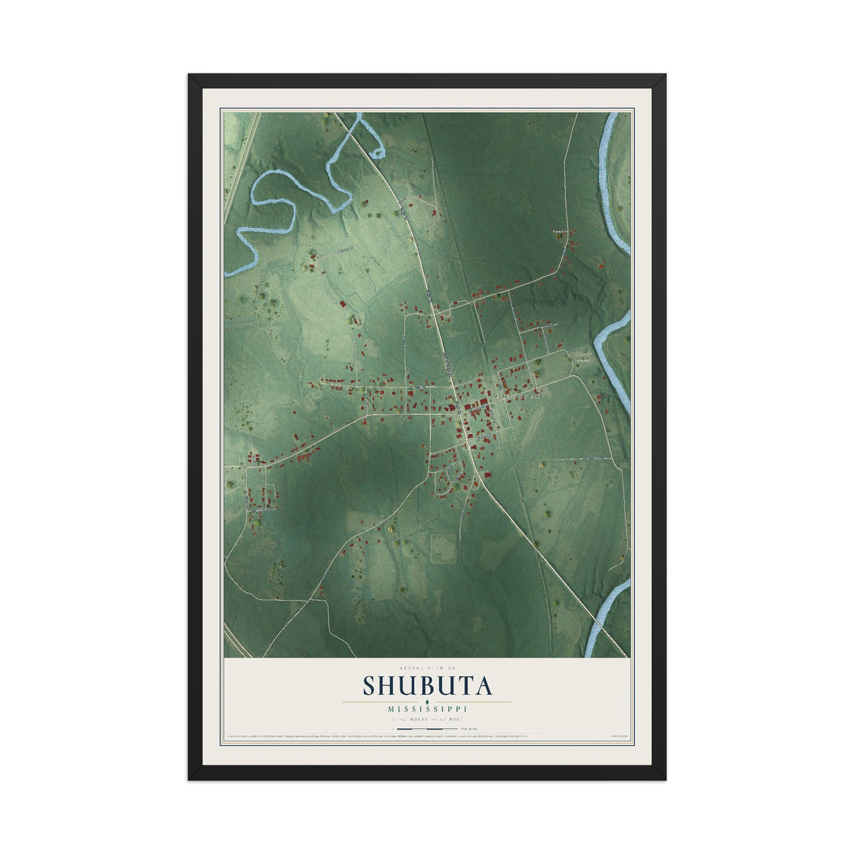 Map of Shubuta, Mississippi, 12 x 18 inch print in a black wood frame