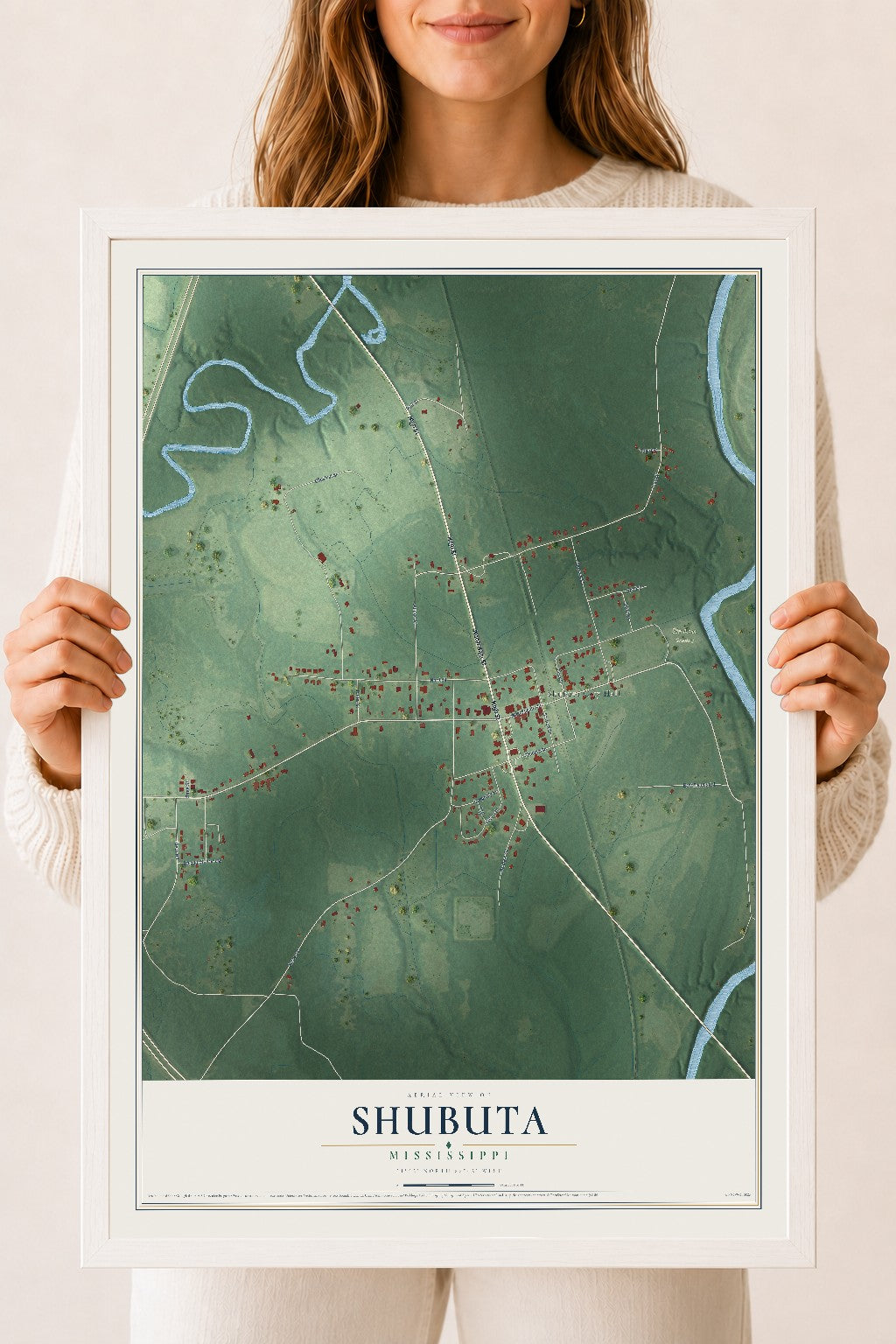 Map of Shubuta, Mississippi, 18 x 24 inch print in a white wood frame