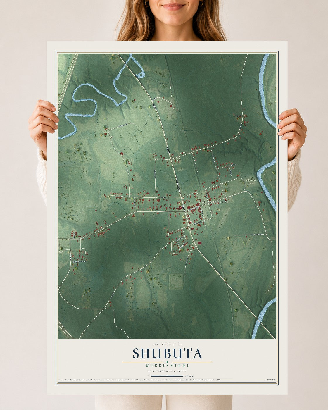 Map of Shubuta, Mississippi, 24 x 36 inch unframed archival matte print