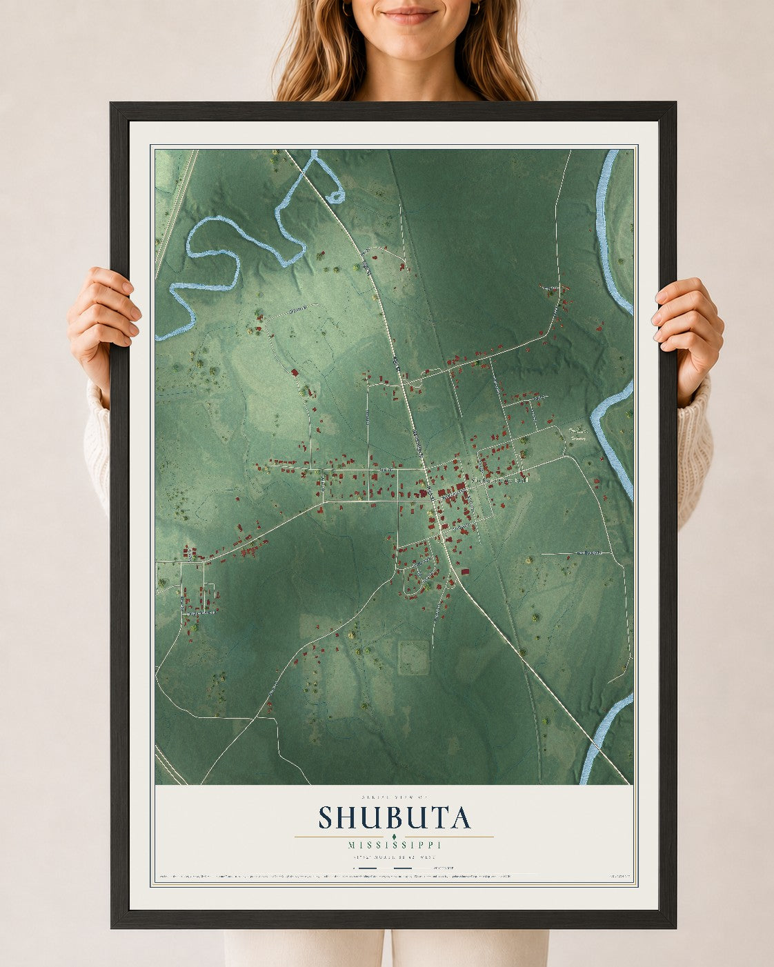 Map of Shubuta, Mississippi, 24 x 36 inch print in a black wood frame