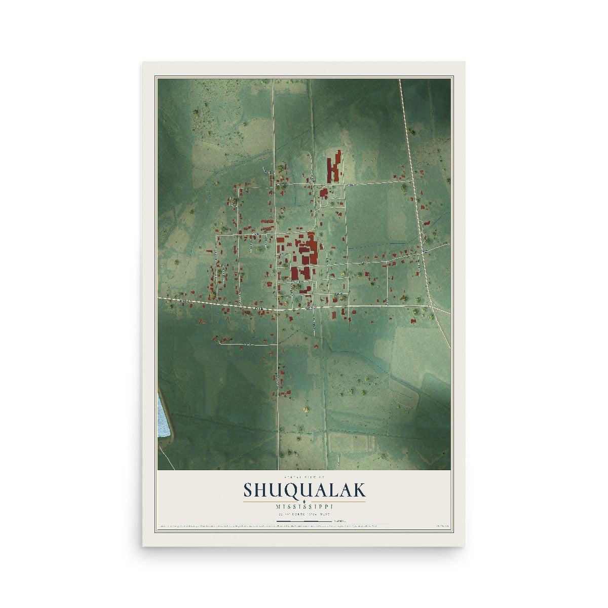Map of Shuqualak, Mississippi, 12 x 18 inch unframed archival matte print