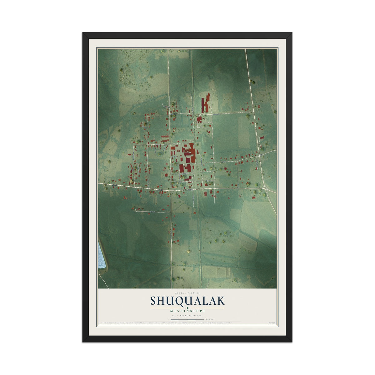 Map of Shuqualak, Mississippi, 12 x 18 inch print in a black wood frame
