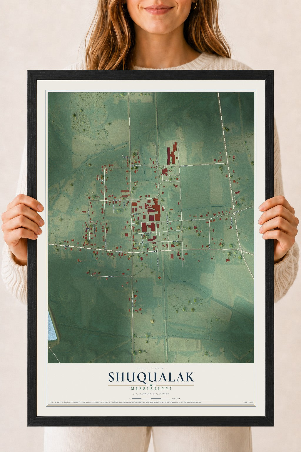 Map of Shuqualak, Mississippi, 18 x 24 inch print in a black wood frame
