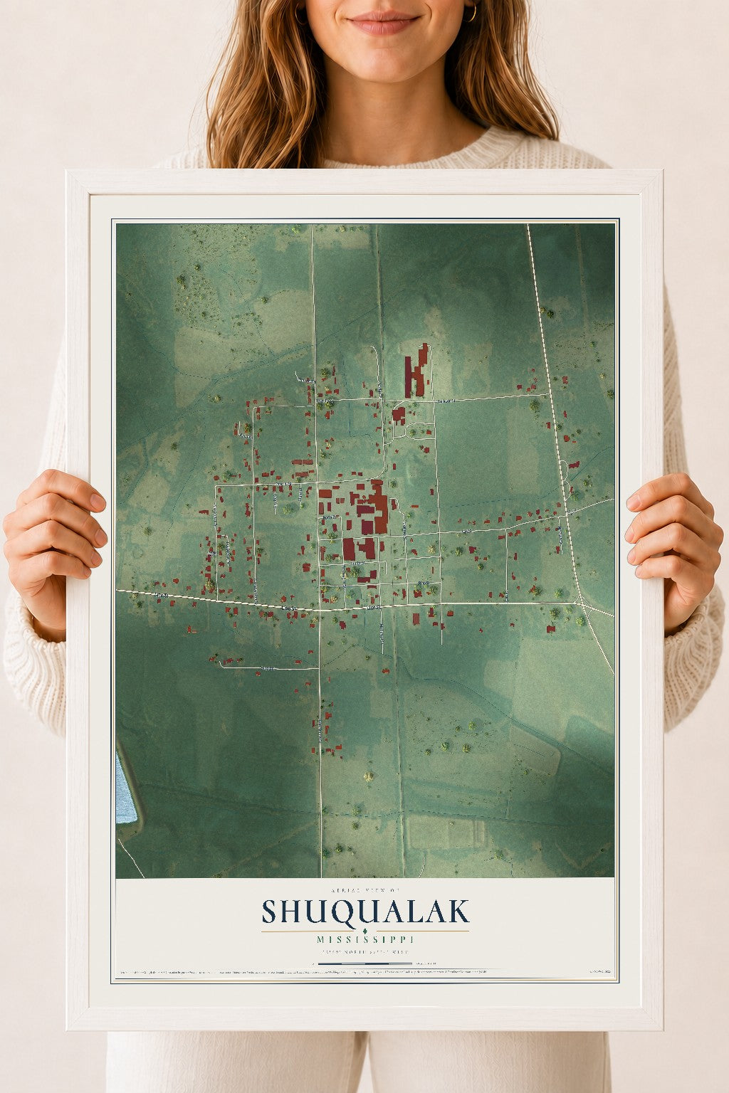 Map of Shuqualak, Mississippi, 18 x 24 inch print in a white wood frame