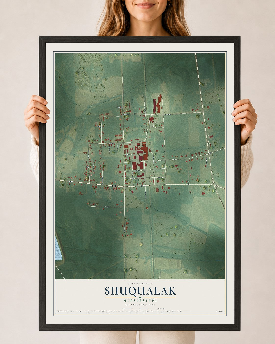 Map of Shuqualak, Mississippi, 24 x 36 inch print in a black wood frame