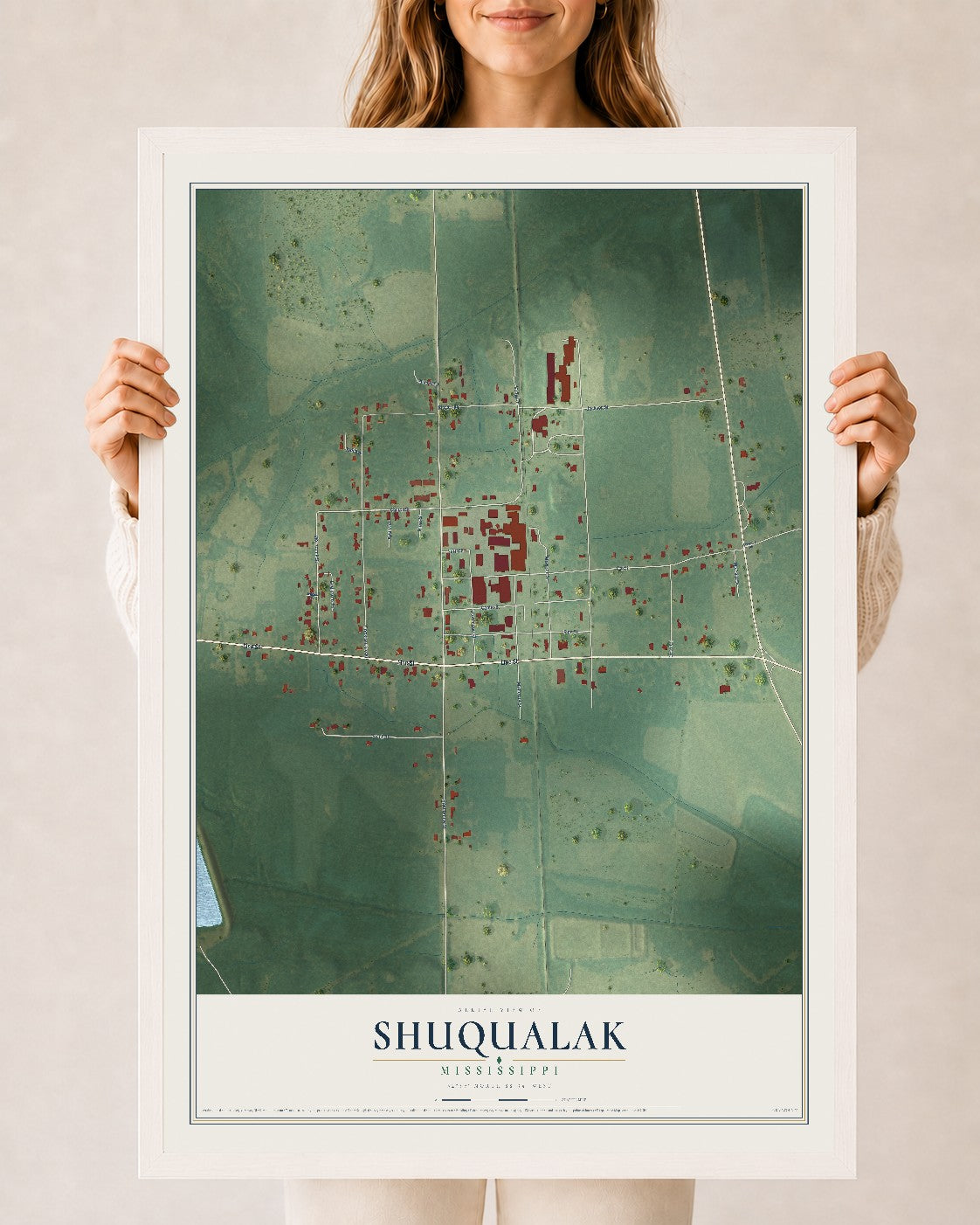 Map of Shuqualak, Mississippi, 24 x 36 inch print in a white wood frame