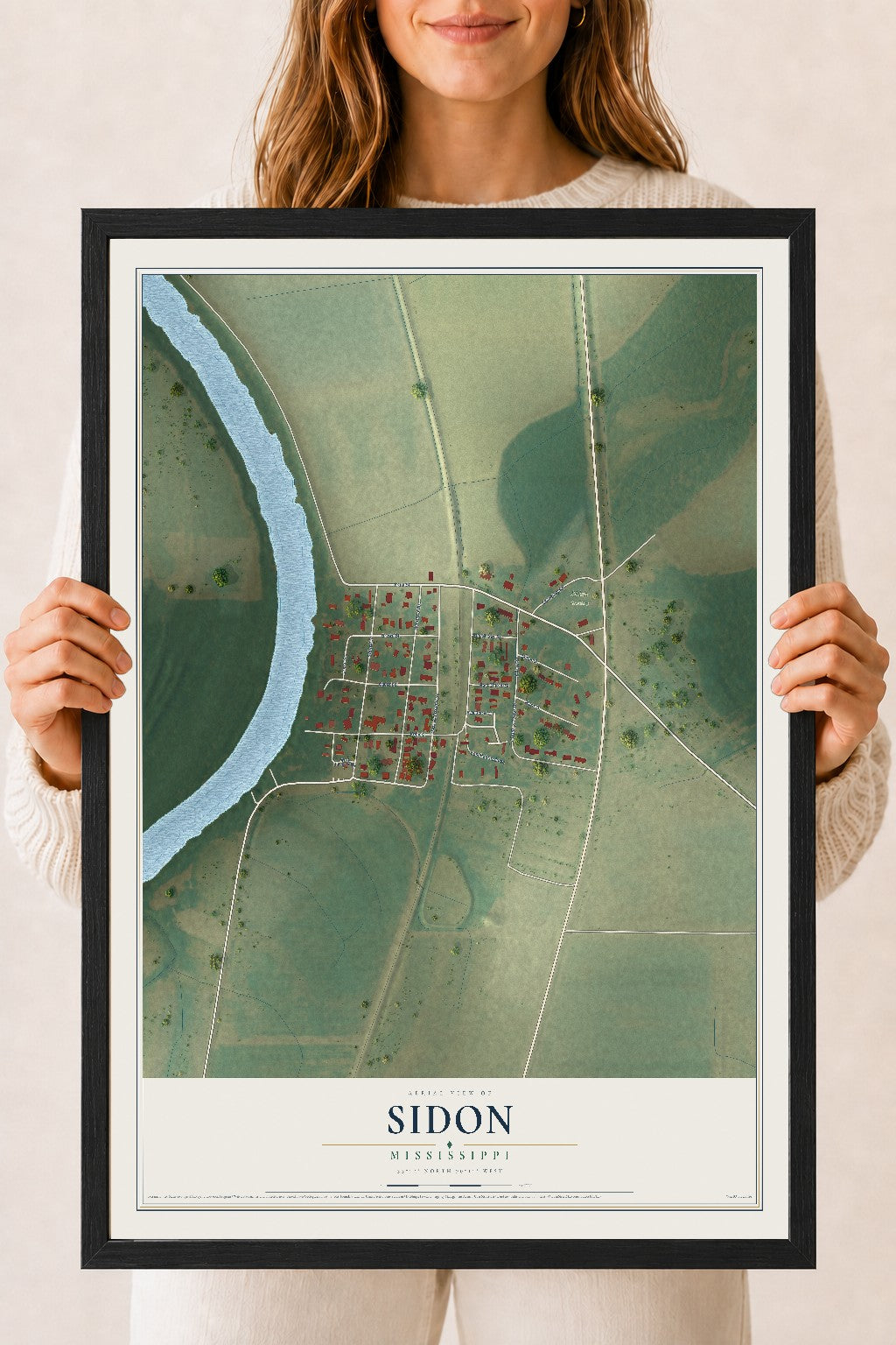 Map of Sidon, Mississippi, 18 x 24 inch print in a black wood frame