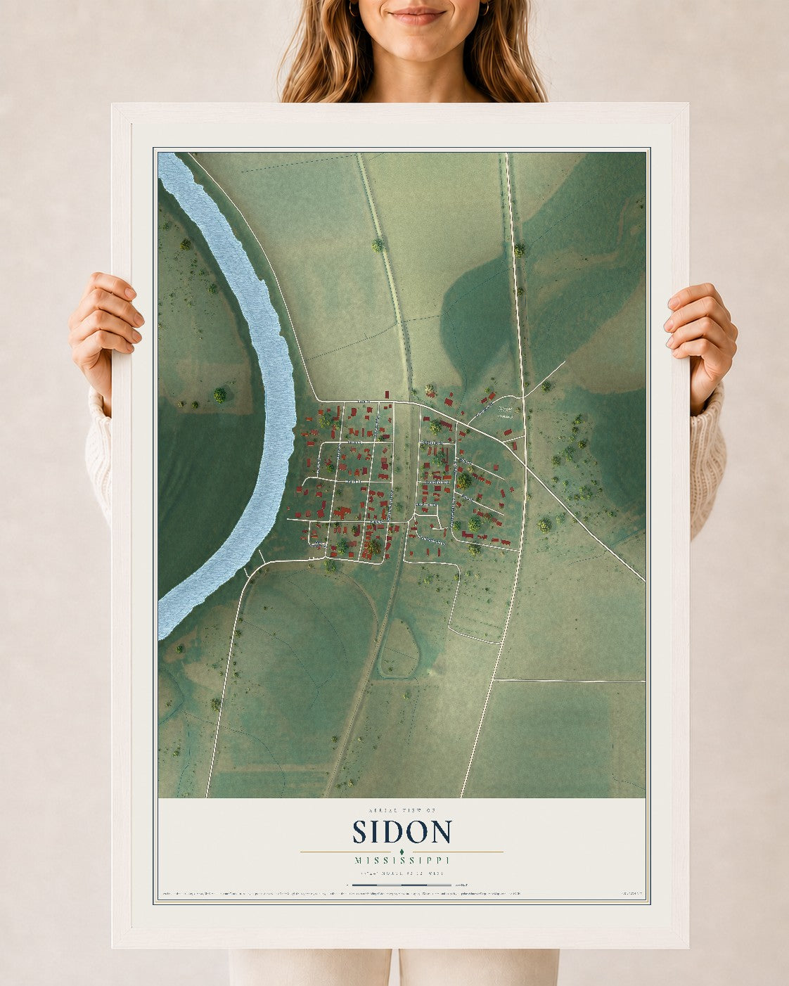 Map of Sidon, Mississippi, 24 x 36 inch print in a white wood frame