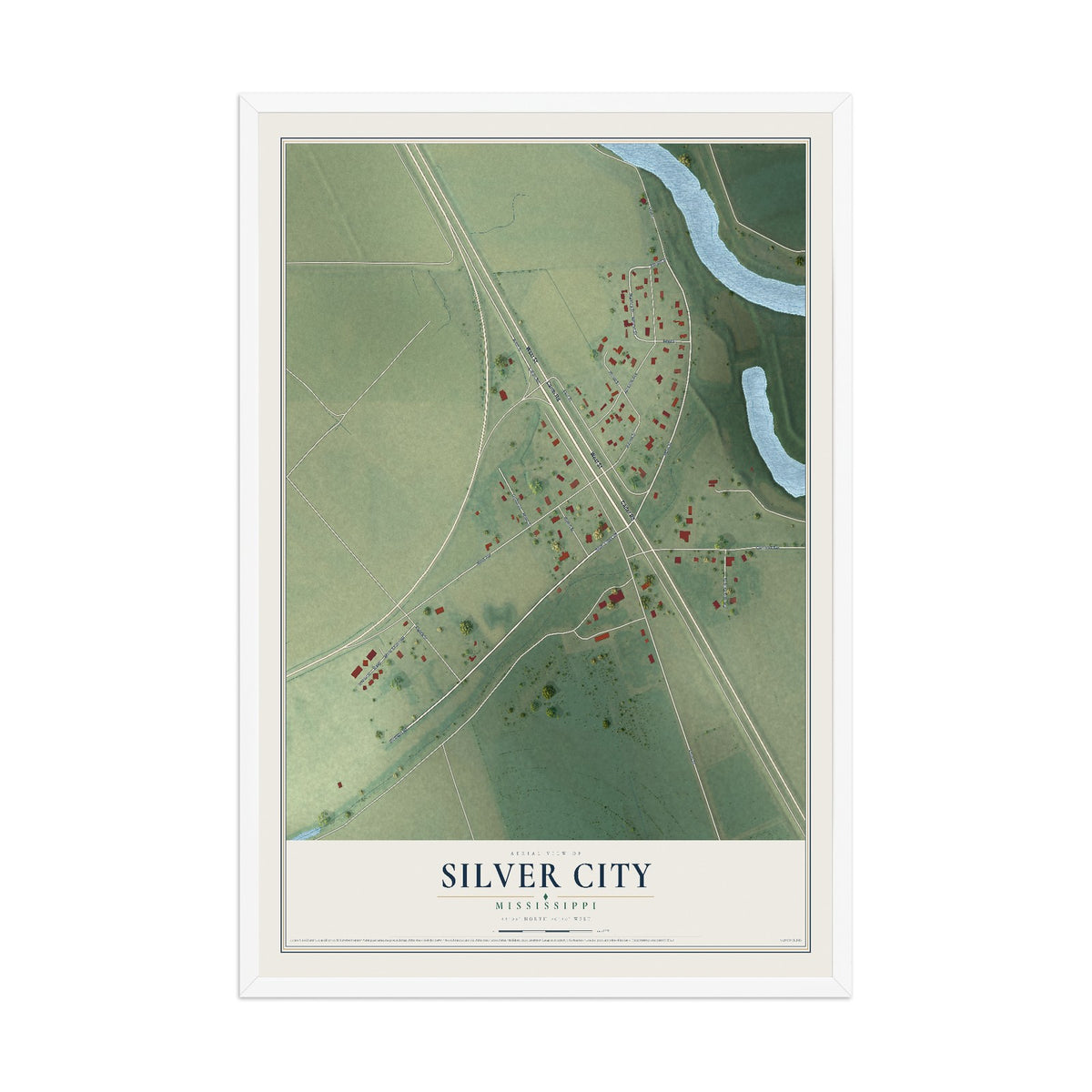 Map of Silver City, Mississippi, 12 x 18 inch print in a white wood frame