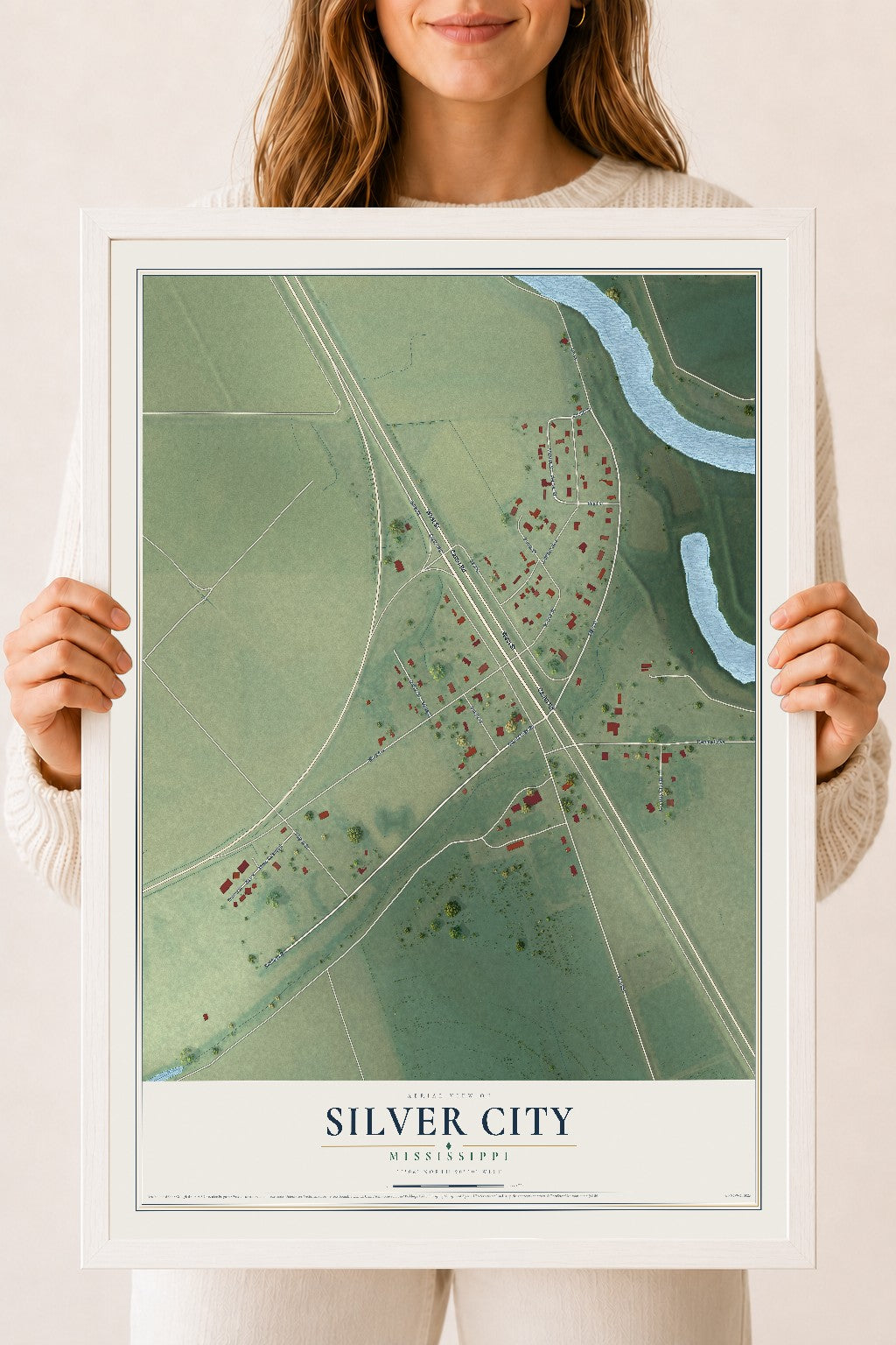 Map of Silver City, Mississippi, 18 x 24 inch print in a white wood frame
