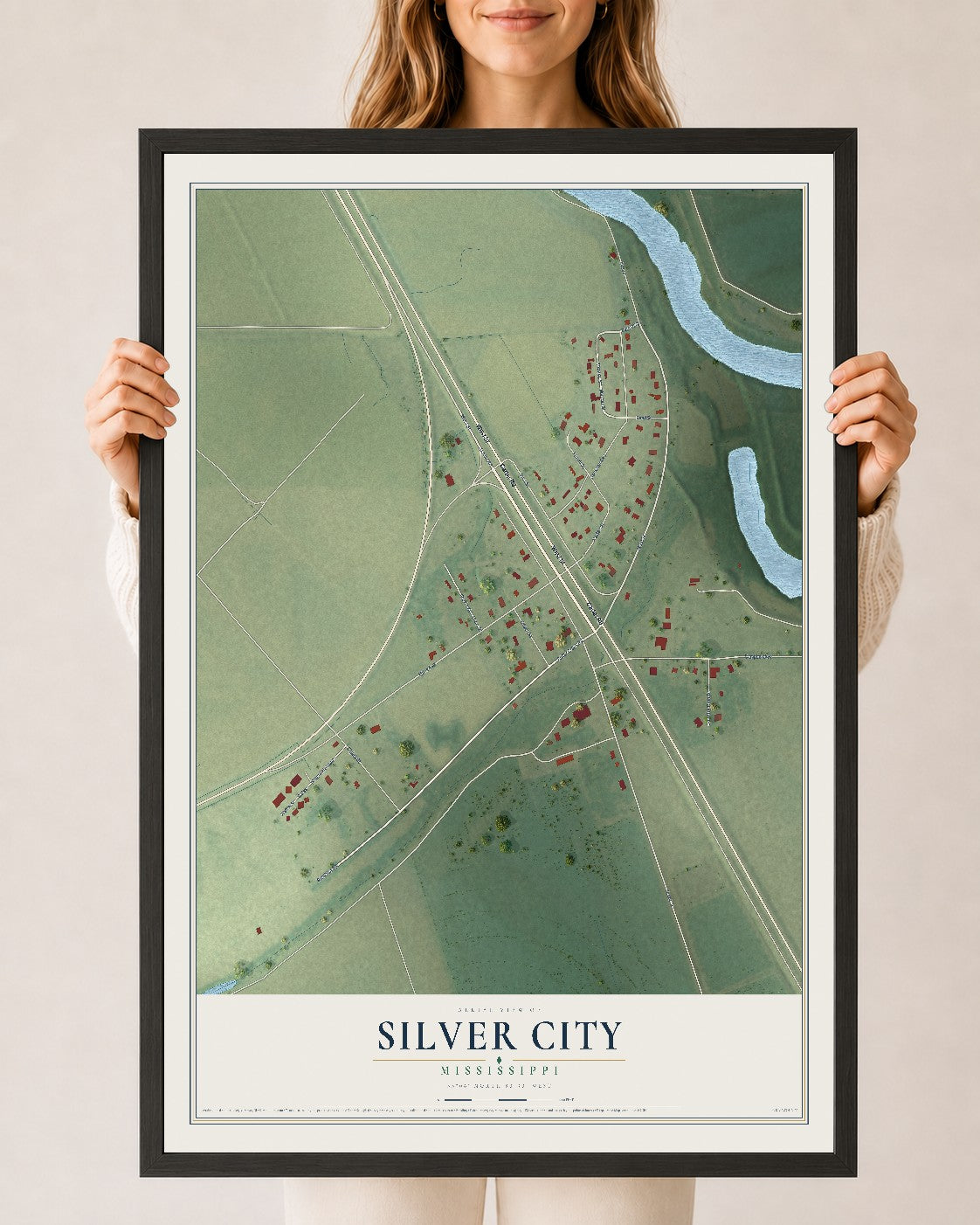 Map of Silver City, Mississippi, 24 x 36 inch print in a black wood frame