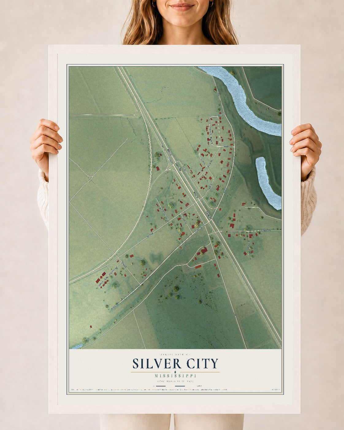 Map of Silver City, Mississippi, 24 x 36 inch print in a white wood frame