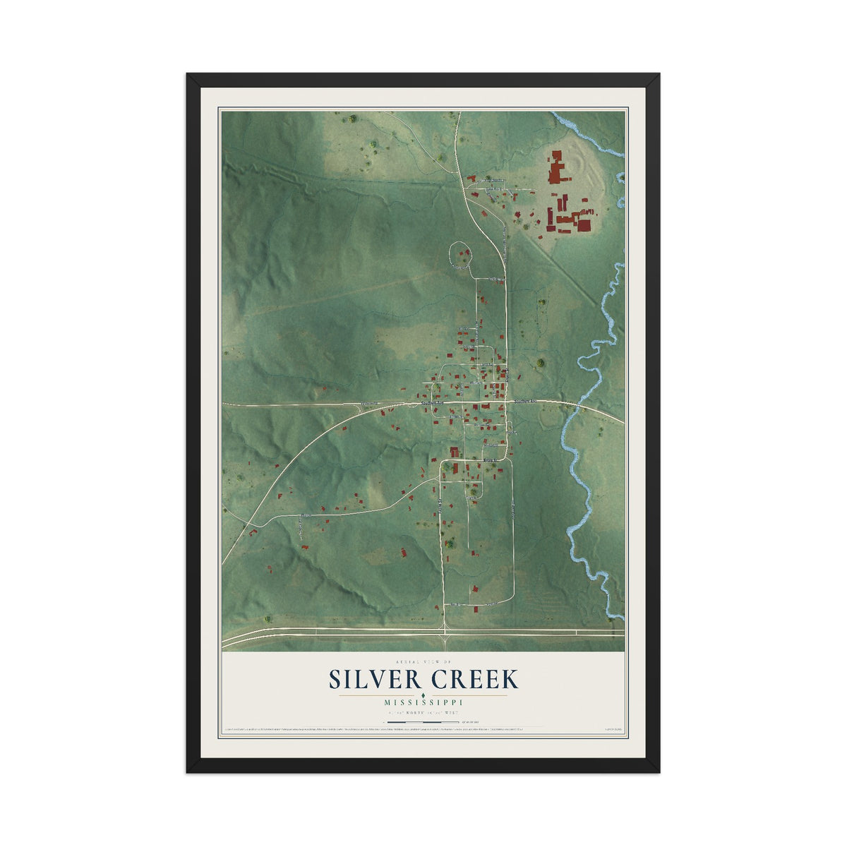 Map of Silver Creek, Mississippi, 12 x 18 inch print in a black wood frame