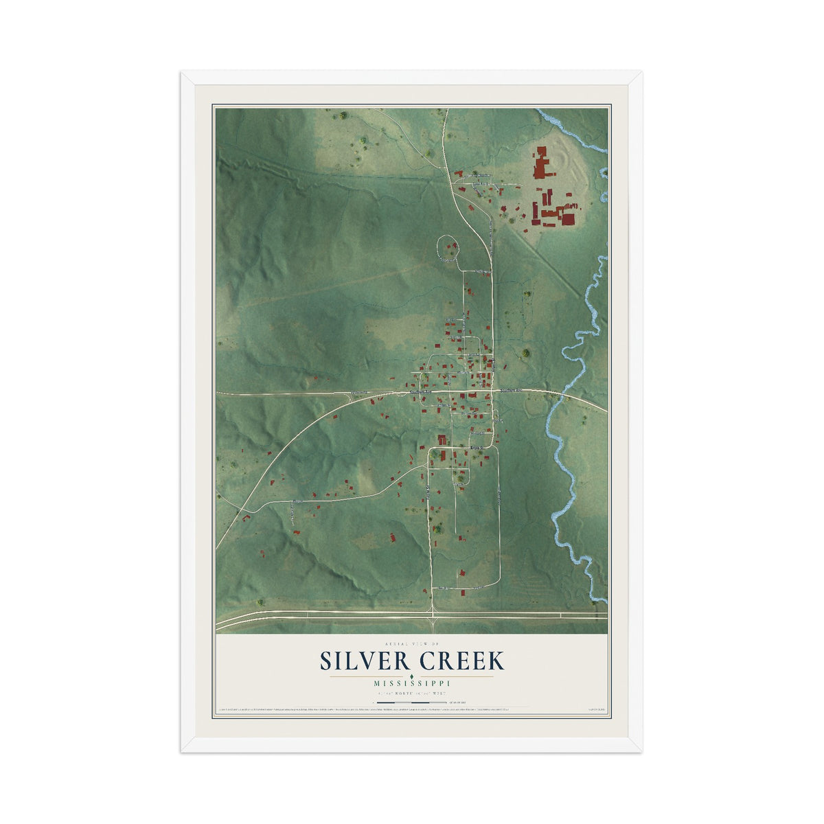 Map of Silver Creek, Mississippi, 12 x 18 inch print in a white wood frame