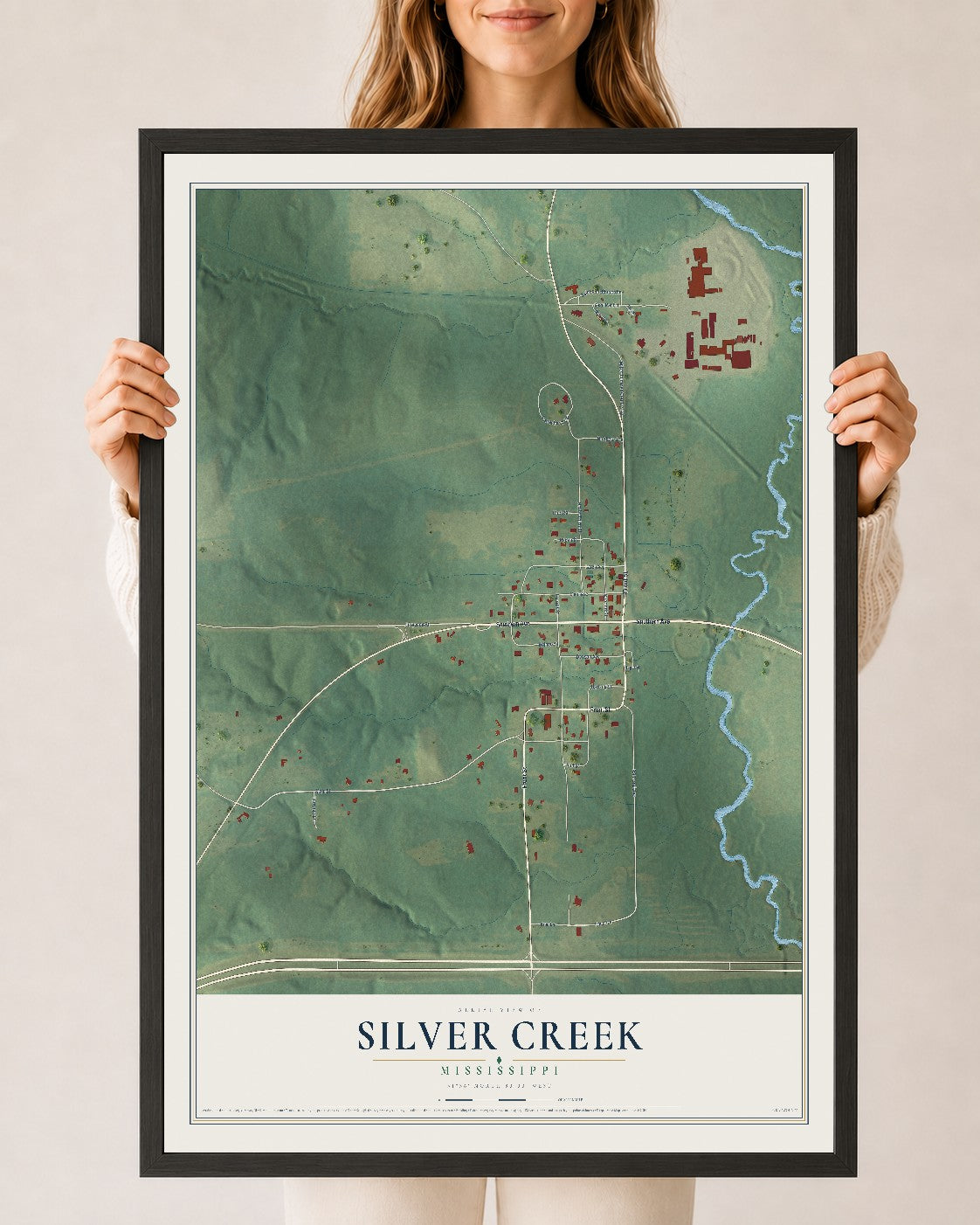 Map of Silver Creek, Mississippi, 24 x 36 inch print in a black wood frame