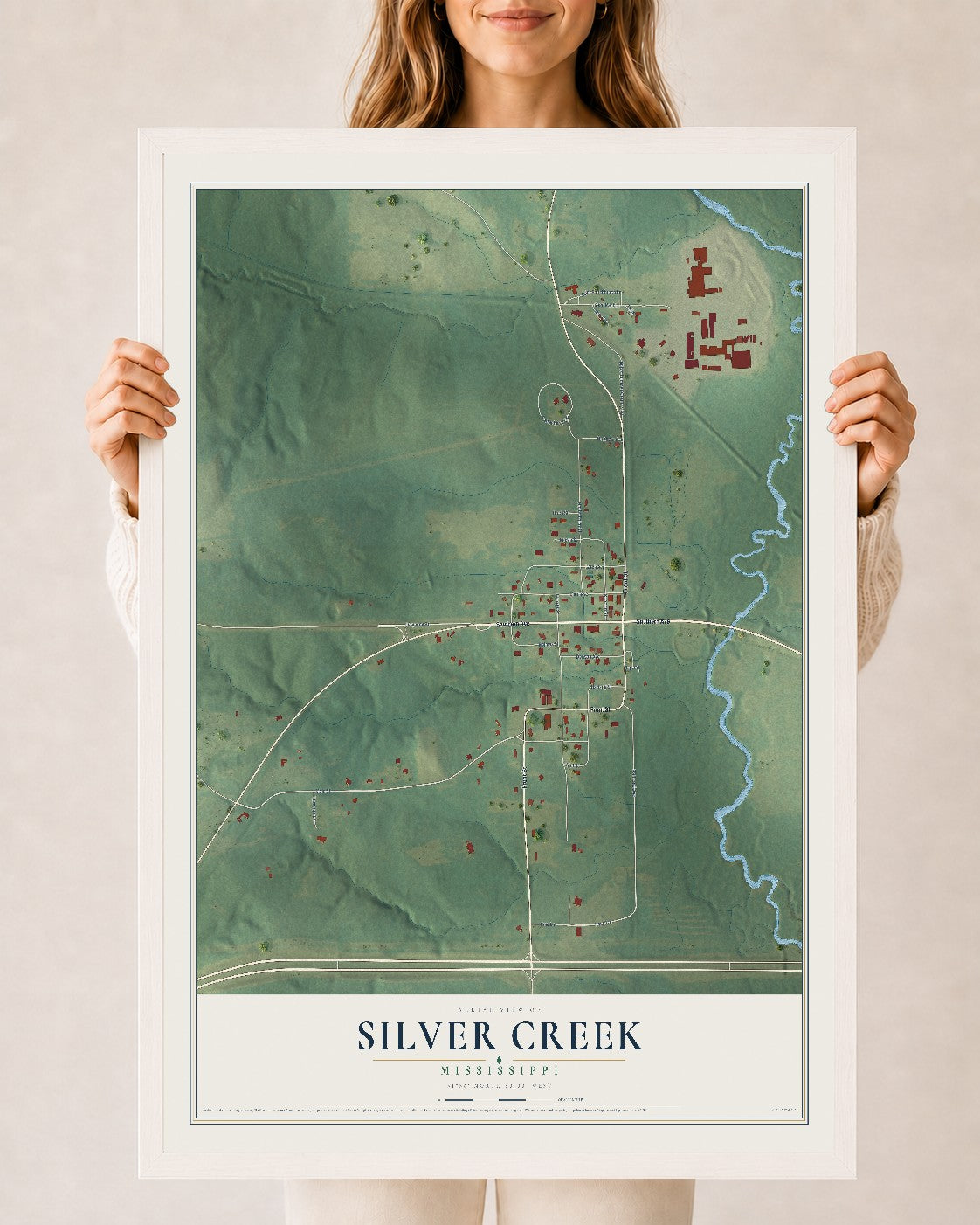 Map of Silver Creek, Mississippi, 24 x 36 inch print in a white wood frame