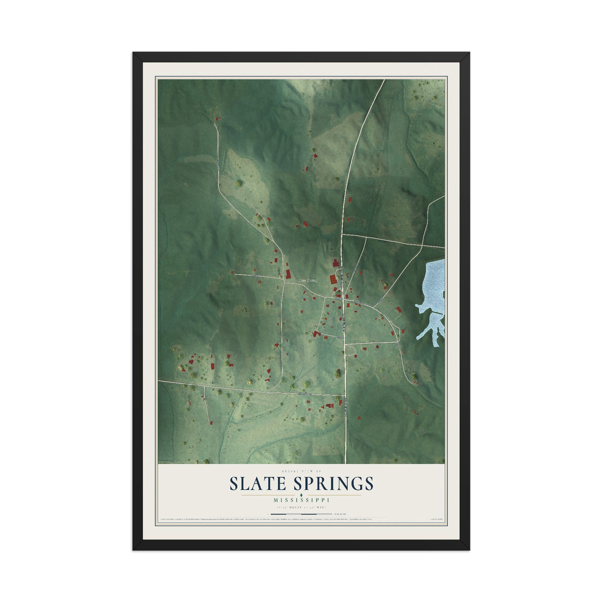 Map of Slate Springs, Mississippi, 12 x 18 inch print in a black wood frame