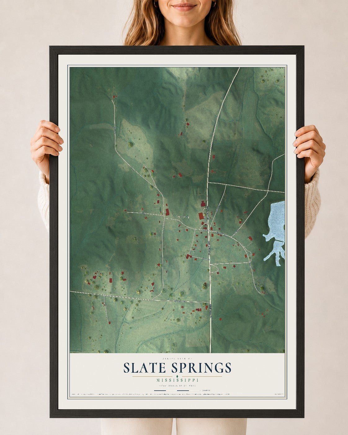 Map of Slate Springs, Mississippi, 24 x 36 inch print in a black wood frame