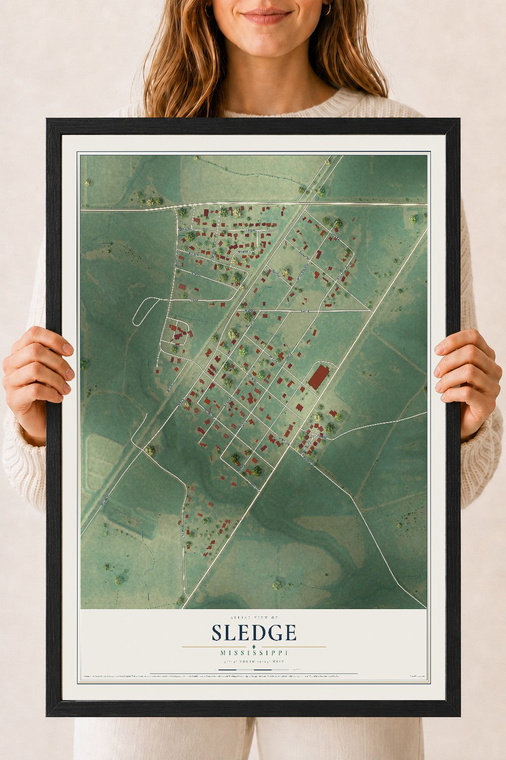 Map of Sledge, Mississippi, 18 x 24 inch print in a black wood frame