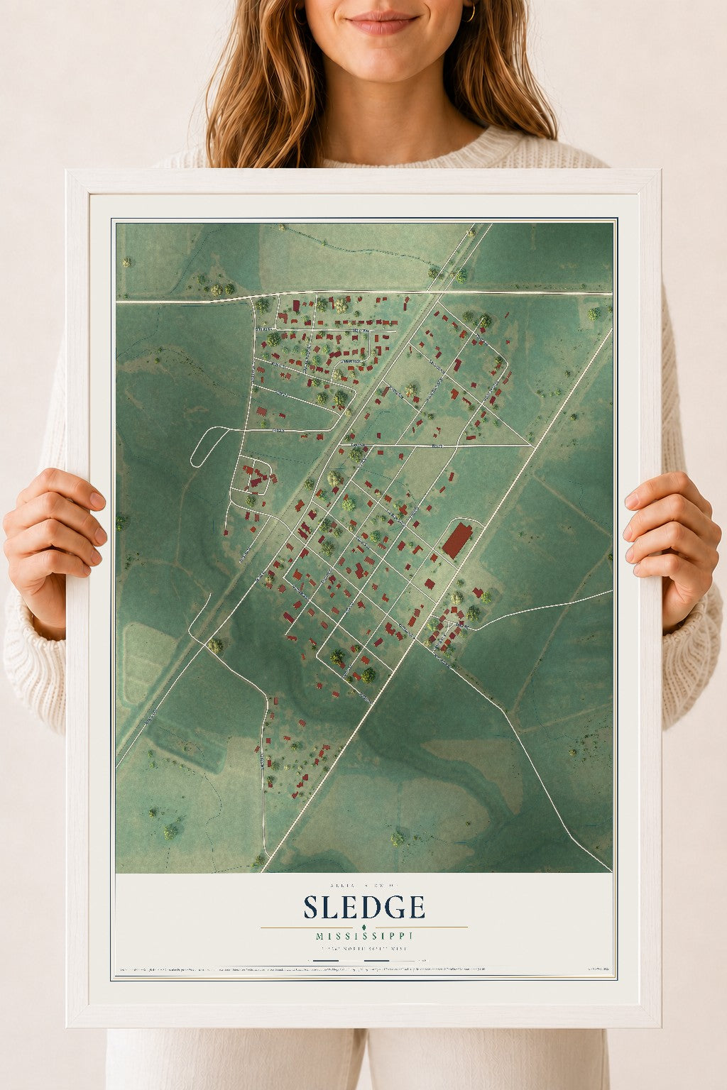 Map of Sledge, Mississippi, 18 x 24 inch print in a white wood frame