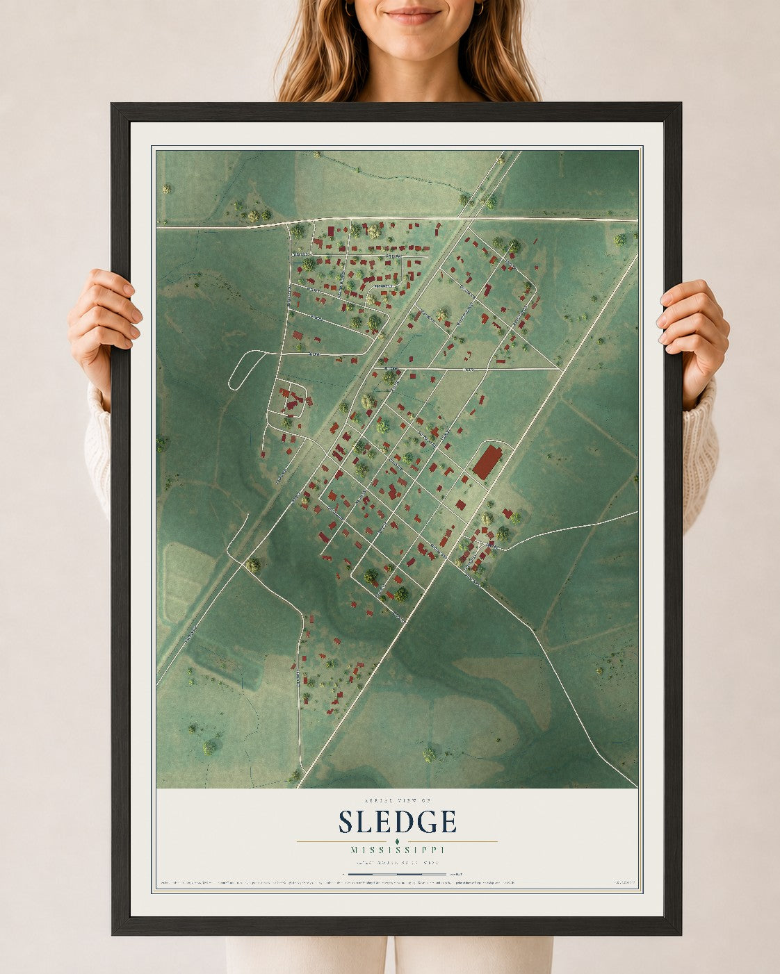 Map of Sledge, Mississippi, 24 x 36 inch print in a black wood frame