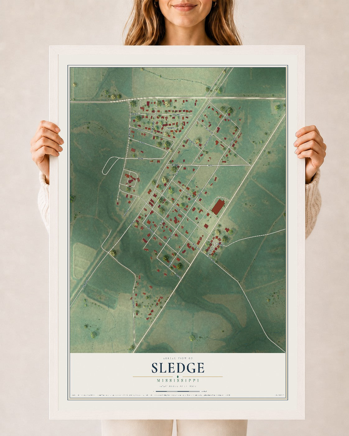Map of Sledge, Mississippi, 24 x 36 inch print in a white wood frame