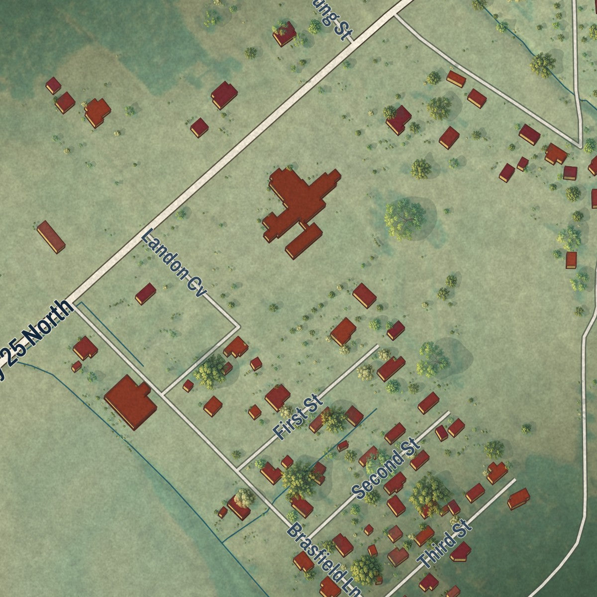 Second close-up of the map of Smithville, Mississippi print showing more streets and buildings
