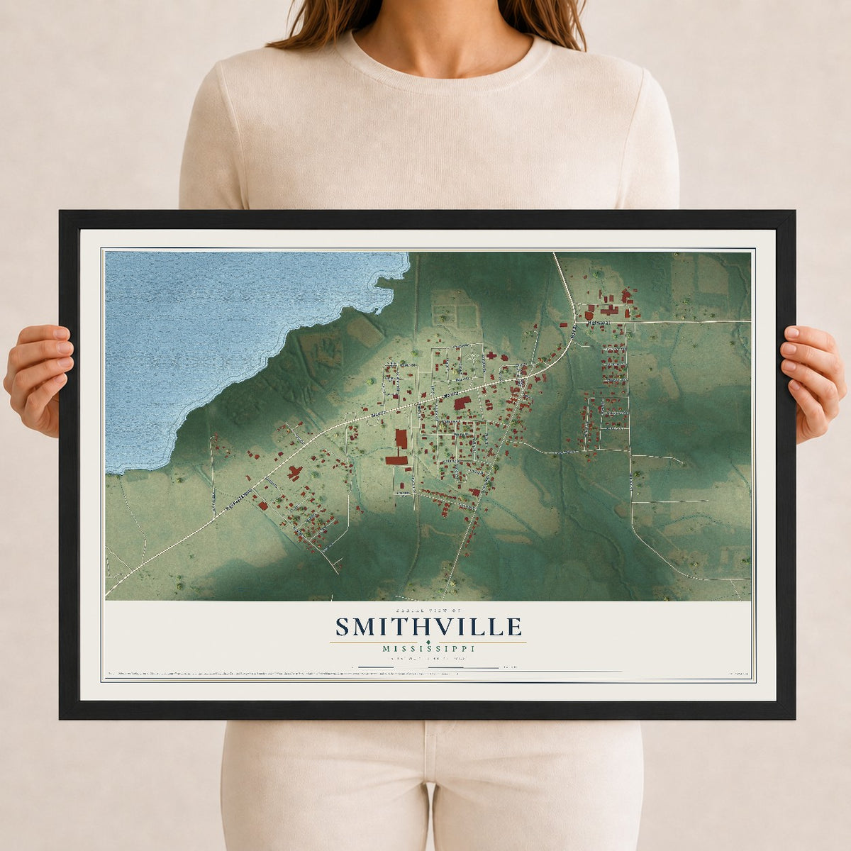 Map of Smithville, Mississippi, 12 x 18 inch print in a black wood frame