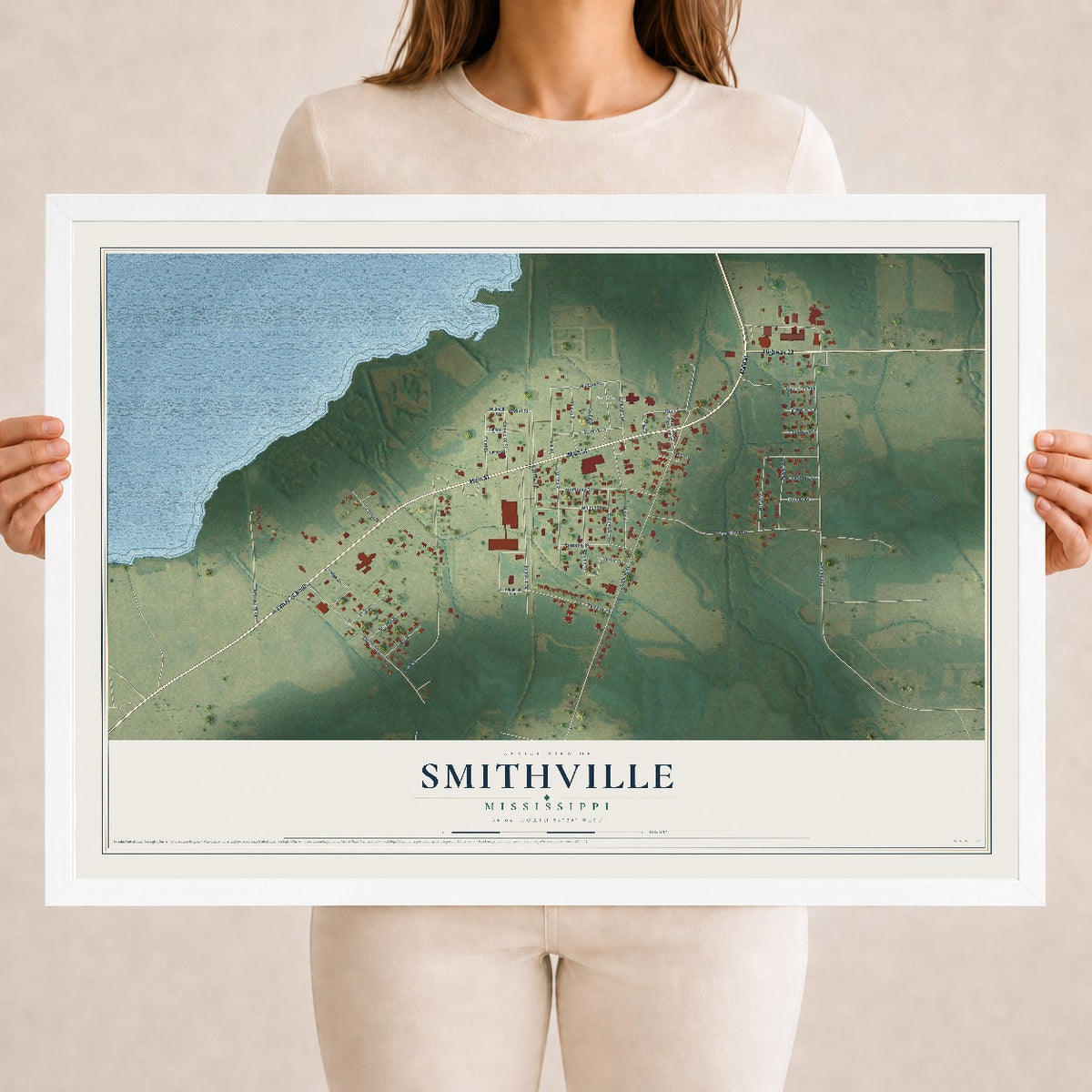 Map of Smithville, Mississippi, 18 x 24 inch print in a white wood frame