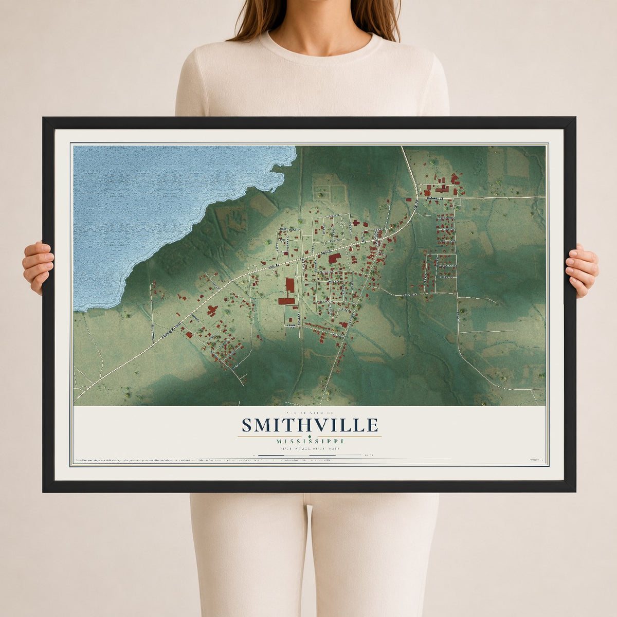 Map of Smithville, Mississippi, 24 x 36 inch print in a black wood frame