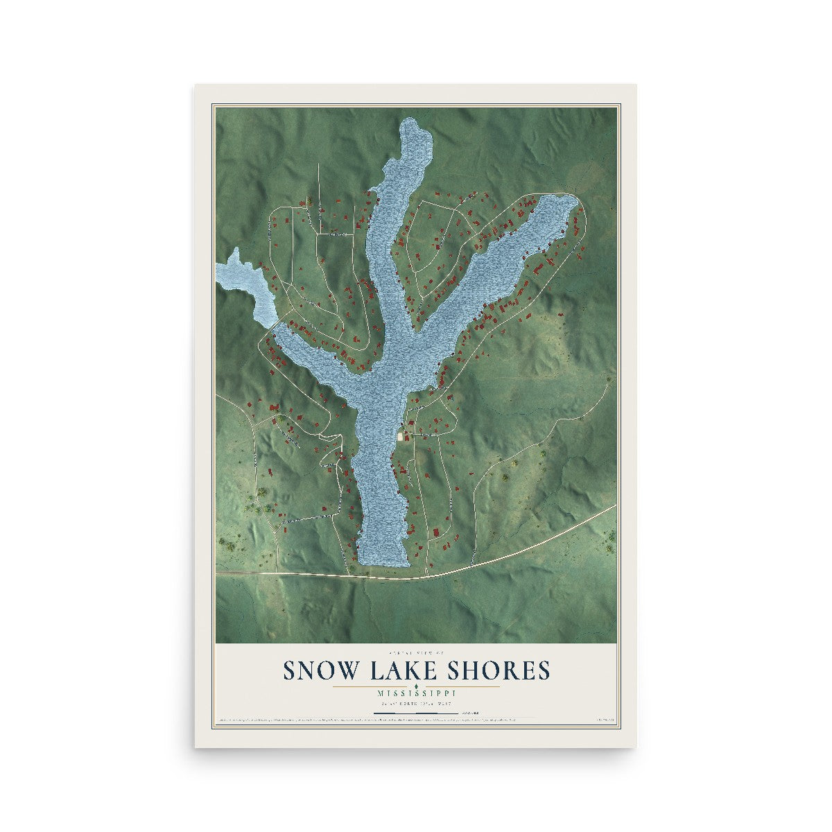 Map of Snow Lake Shores, Mississippi, 12 x 18 inch unframed archival matte print