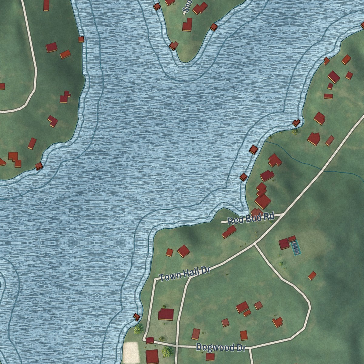 Close-up of the map of Snow Lake Shores, Mississippi print showing street and building detail
