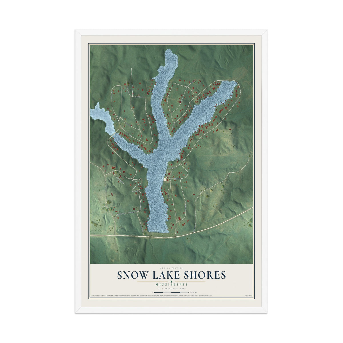 Map of Snow Lake Shores, Mississippi, 12 x 18 inch print in a white wood frame