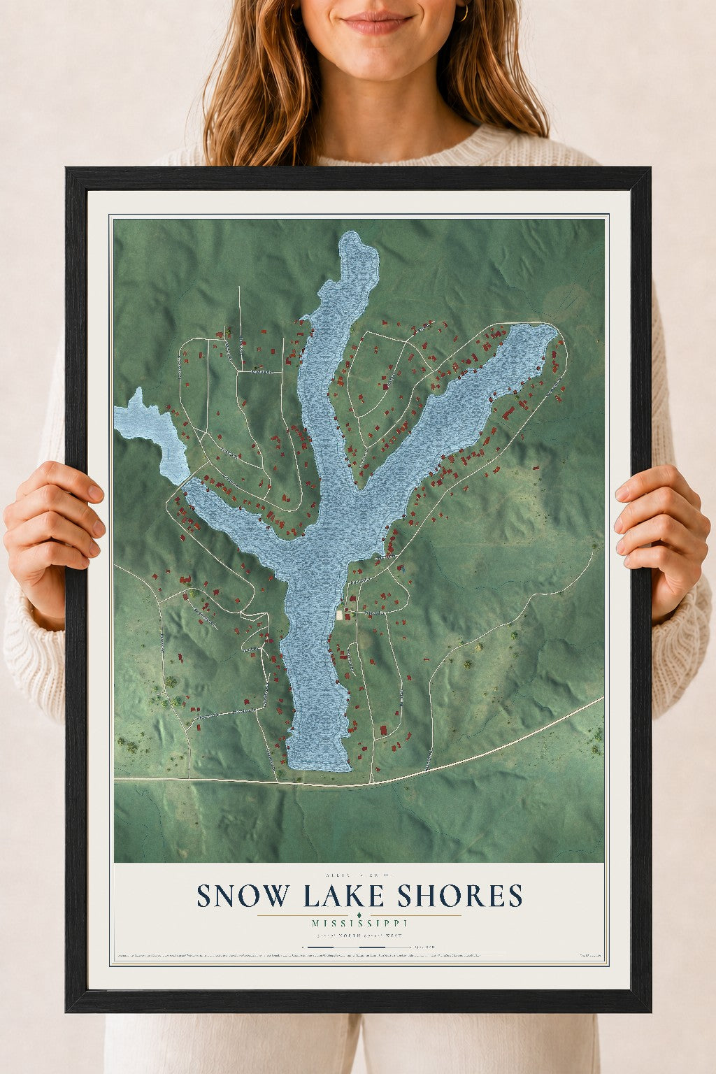Map of Snow Lake Shores, Mississippi, 18 x 24 inch print in a black wood frame
