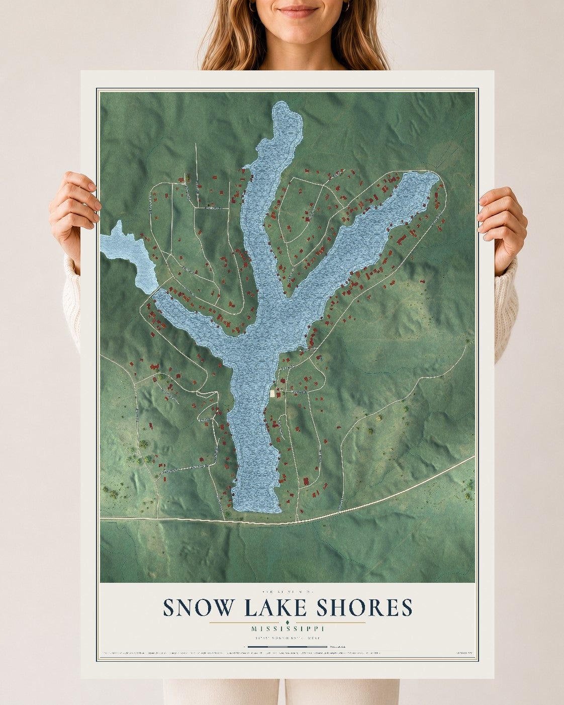 Map of Snow Lake Shores, Mississippi, 24 x 36 inch unframed archival matte print