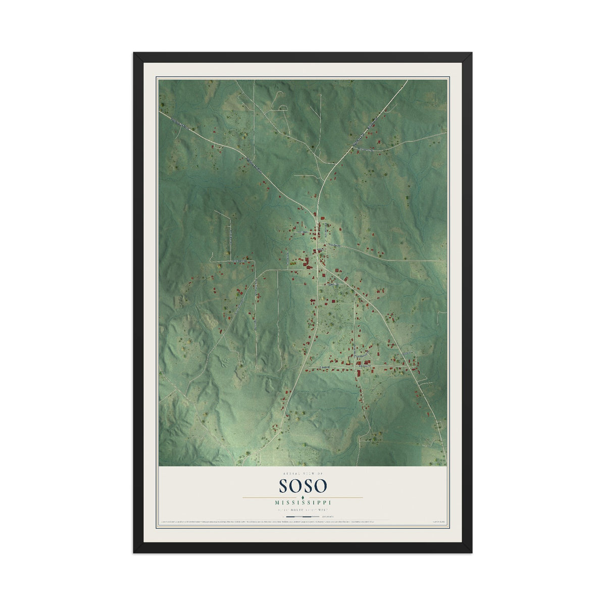 Map of Soso, Mississippi, 12 x 18 inch print in a black wood frame