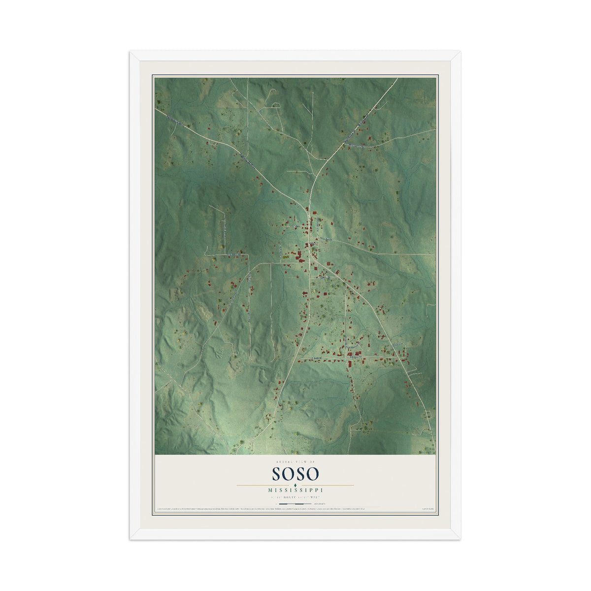 Map of Soso, Mississippi, 12 x 18 inch print in a white wood frame