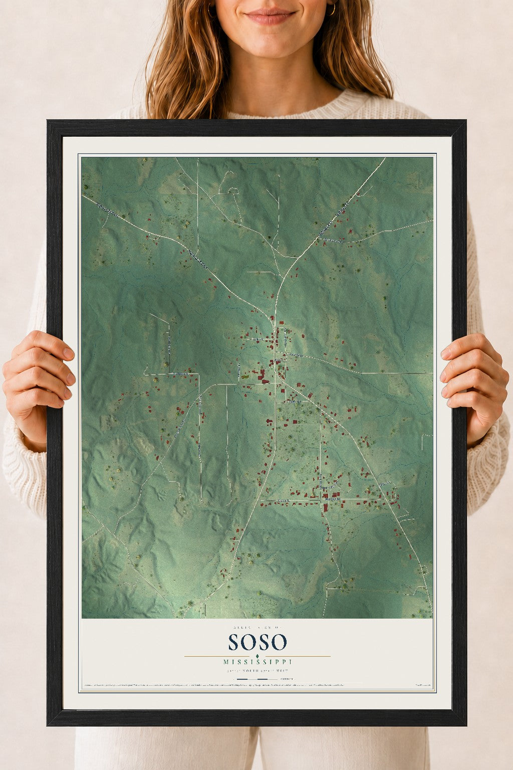 Map of Soso, Mississippi, 18 x 24 inch print in a black wood frame
