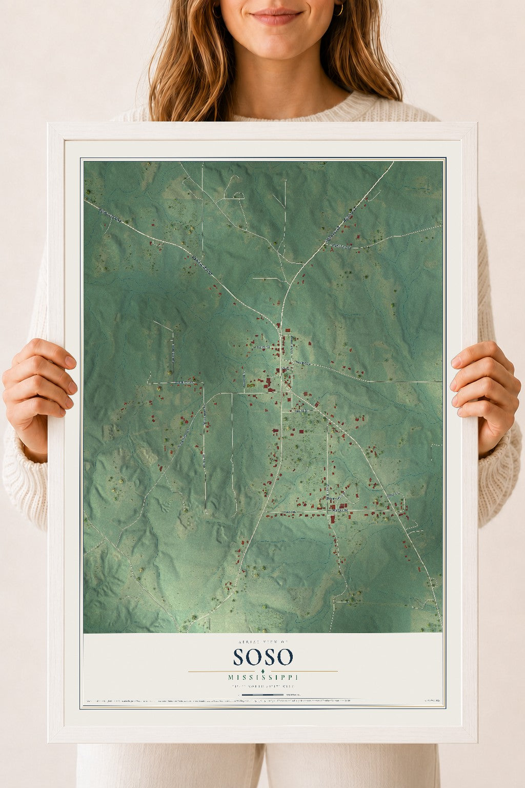Map of Soso, Mississippi, 18 x 24 inch print in a white wood frame