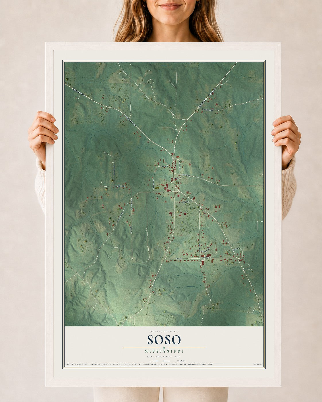 Map of Soso, Mississippi, 24 x 36 inch print in a white wood frame