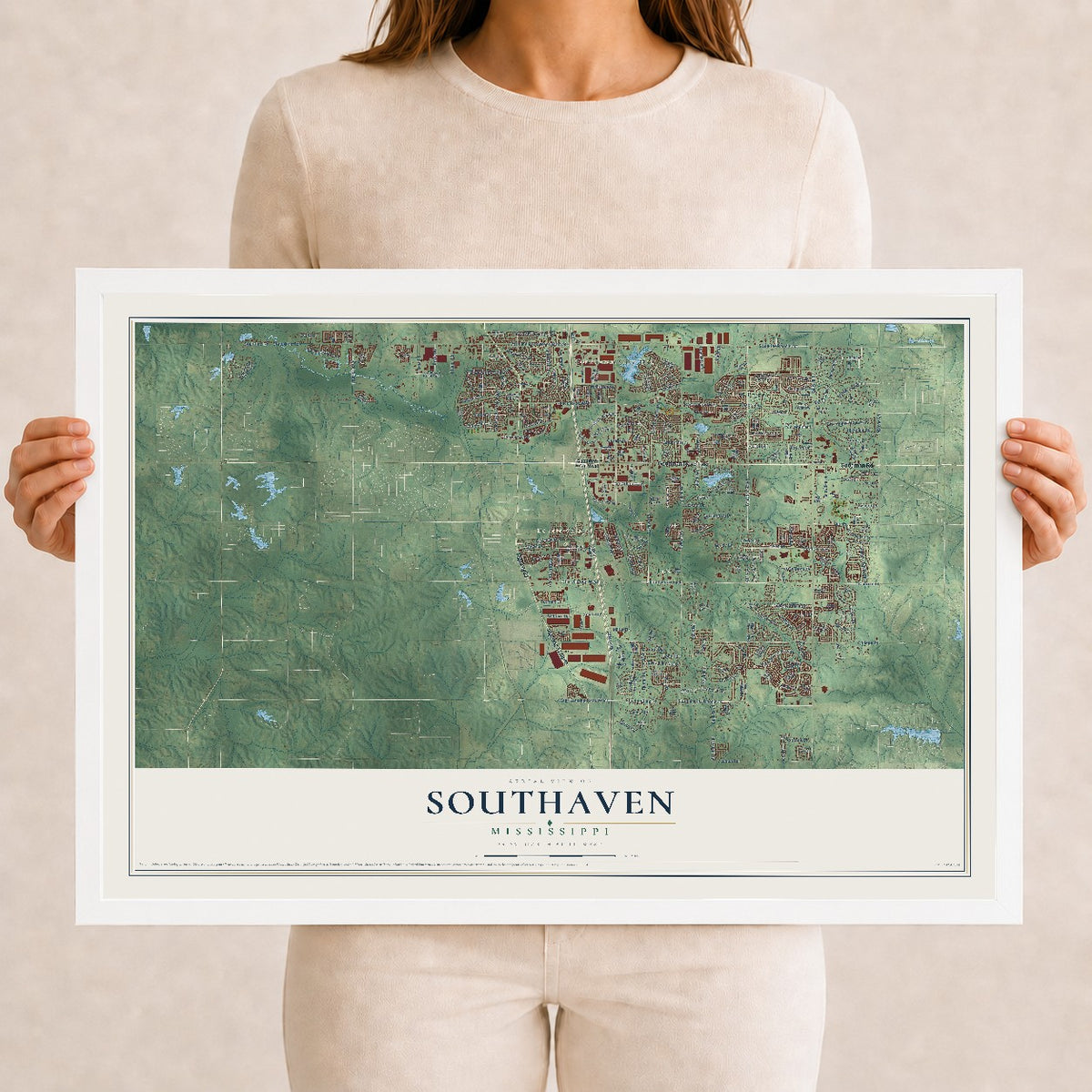 Map of Southaven, Mississippi, 12 x 18 inch print in a white wood frame