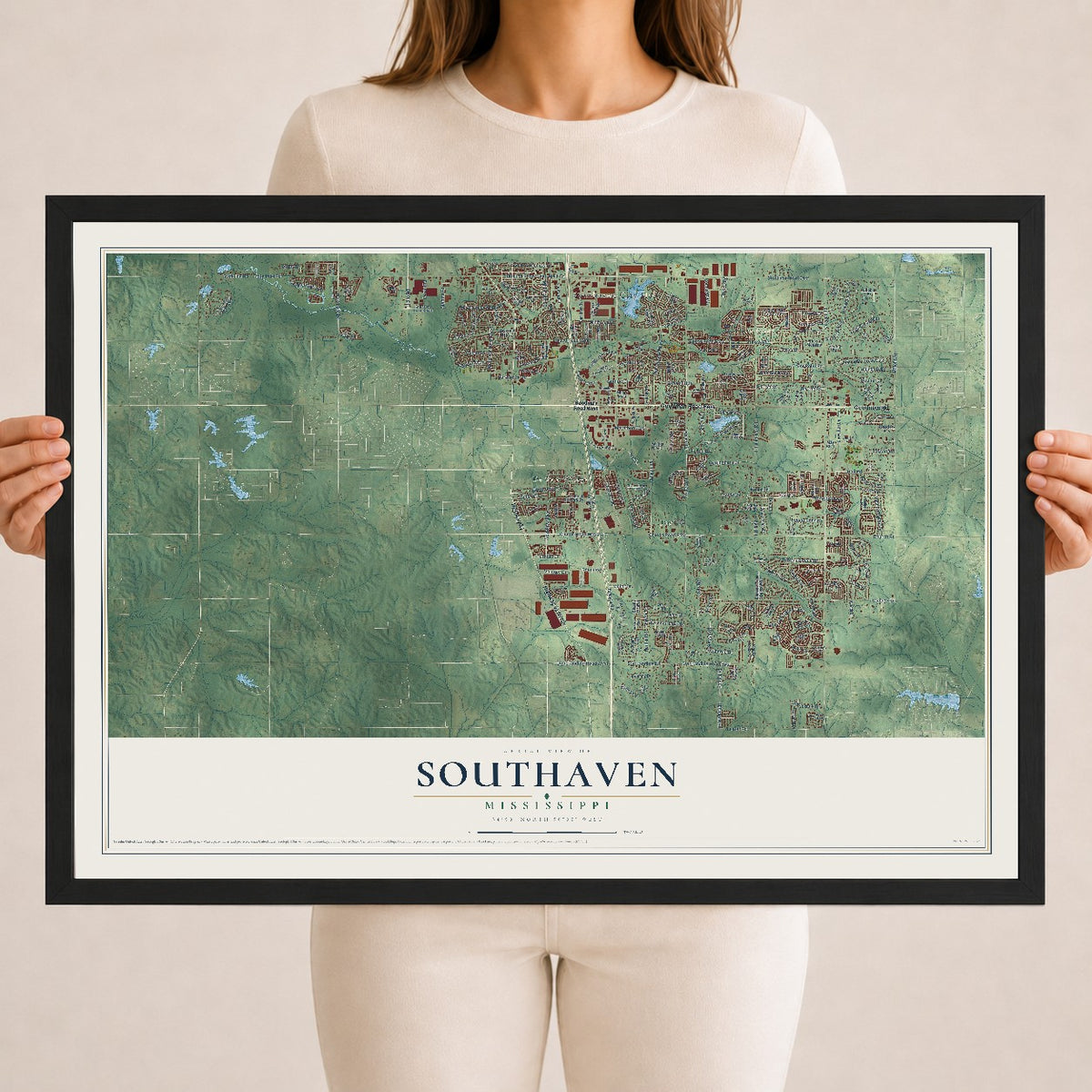 Map of Southaven, Mississippi, 18 x 24 inch print in a black wood frame