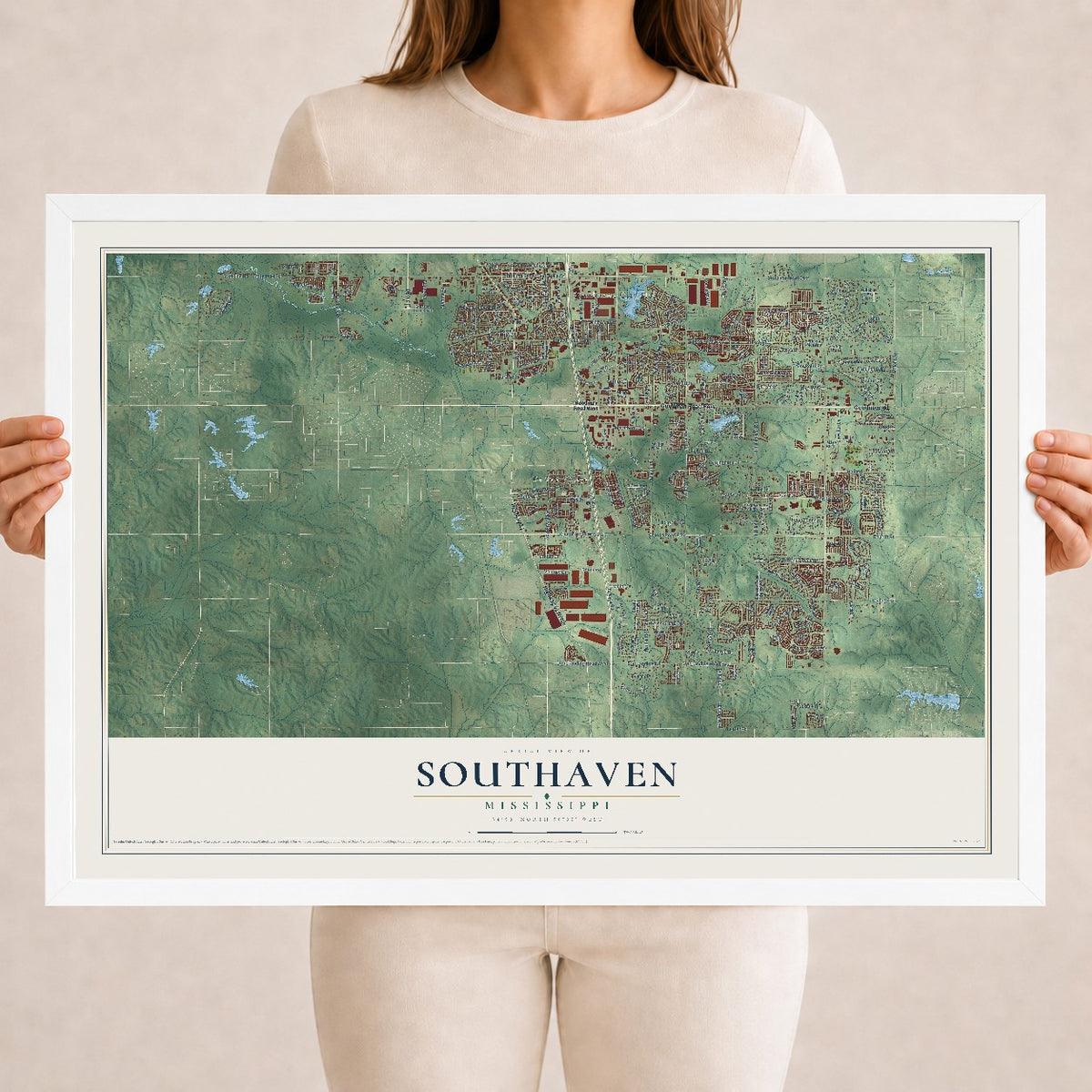 Map of Southaven, Mississippi, 18 x 24 inch print in a white wood frame