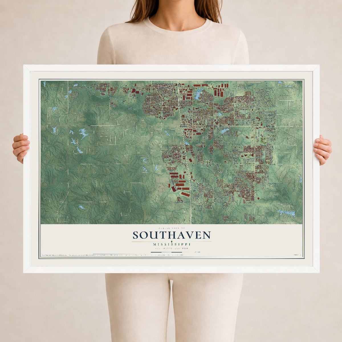 Map of Southaven, Mississippi, 24 x 36 inch print in a white wood frame